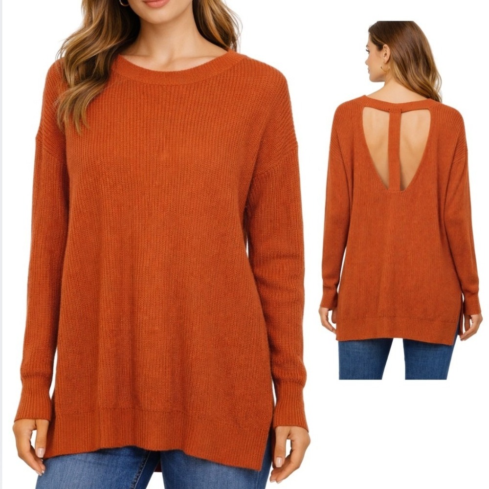 Papermoon Burnt Orange Open Back Cutout Sweater Tunic Top Rust Knit Womens Small